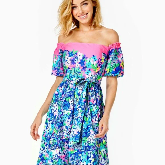 Lilly Pulitzer Zalie Off-The-Shoulder Midi Dress Borealis Blue Social Sunset 14 - Picture 8 of 12